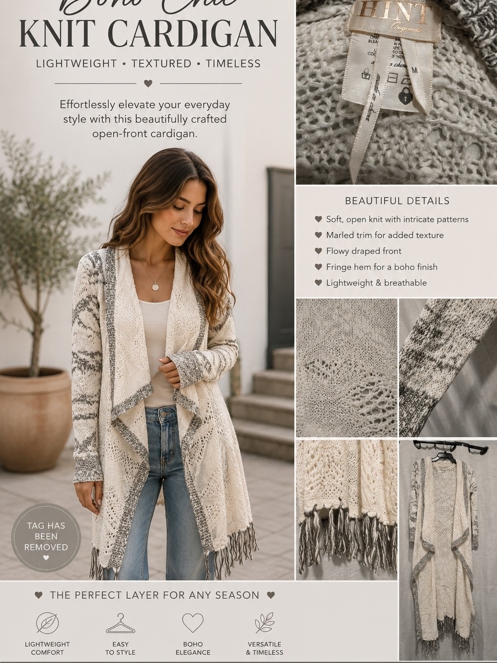 Lightweight Marled Knit Open-Front Cardigan - Cream/Grey
